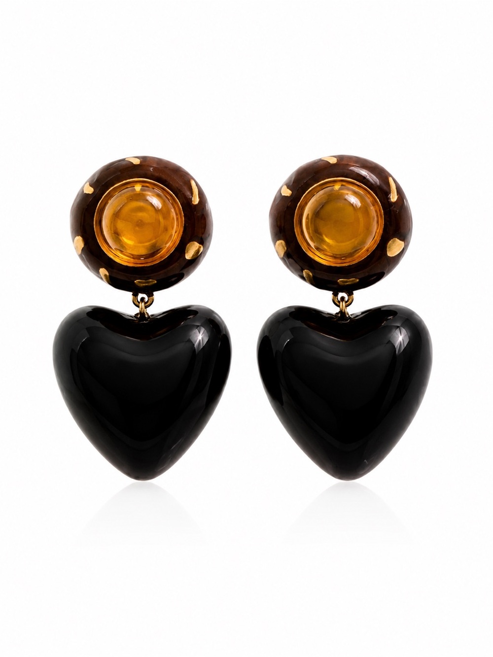 Tory Burch Black Heart Drop Earrings Brown Amber Tone Resin.